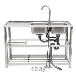 Dual-Bowl Commercial Kitchen Sink Free Standing Restaurant Sink Stainless Steel