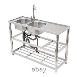 Dual-Bowl Commercial Kitchen Sink Free Standing Restaurant Sink Stainless Steel