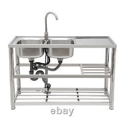 Dual-Bowl Commercial Kitchen Sink Free Standing Restaurant Sink Stainless Steel