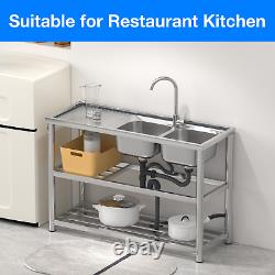 Free-Standing Stainless Steel Basin Double Sink Commercial Kitchen Sink Set