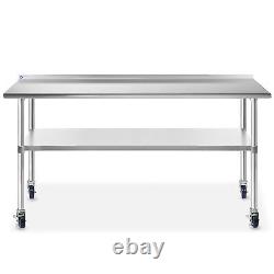 Kitchen Restaurant Stainless Prep Table with Backsplash and 4 Casters 24 x 72
