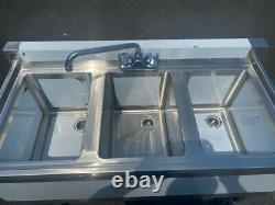 NEW 38 Commercial Under Bar Counter Sink 3 Compartment Kitchen with Faucet NSF