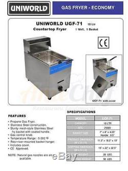 New Commercial Countertop Gas Fryer, 1 Basket, Uniworld UGF-71 Propane (LPG)