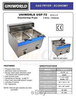 New Commercial Countertop Gas Fryer, 2 Baskets, Uniworld UGF-72 Propane (LPG)