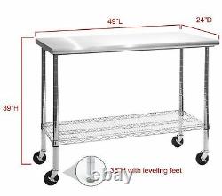 Rolling Stainless Steel Top Work Table NSF Metal Kitchen 49 x 24 Locking Wheel