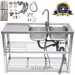 Silver Commercial Sink Stainless Steel 2 Compartment With Prep Table