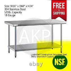 Stainless Steel 60 x 30 NSF Commercial Kitchen Work Prep Table with Backsplash