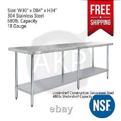 Stainless Steel 84 x 30 NSF Commercial Kitchen Work Prep Table with Backsplash