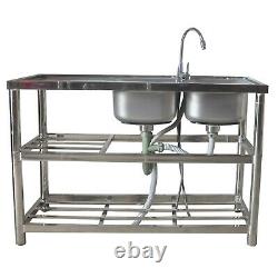 Stainless Steel Commercial Home Sink Bowl Kitchen Catering Prep Table 2 Bowls US