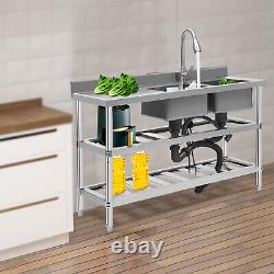 Stainless Steel Commercial Kitchen Work Food Prep Table with 2 Sink 3 Tiers Shelf