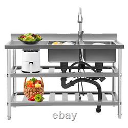 Stainless Steel Commercial Kitchen Work Food Prep Table with 2 Sink 3 Tiers Shelf