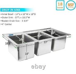 Stainless Steel Drop Sink 3 Compartment Drop in Sink 10 x 14 x 10