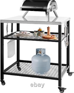 Stainless Steel Grill Cart Pizza Oven Stand Trolley Table with Wheels Three-Shel