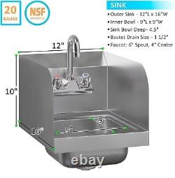 Stainless Steel Wall Mount Hand Sink with Side Splash and Faucet 16x12