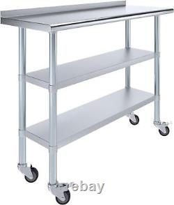 Stainless Steel Work Table with 1.5 Backsplash and 2 Shelves with Wheels