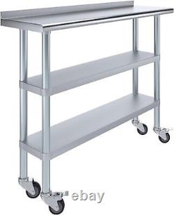 Stainless Steel Work Table with 1.5 Backsplash and 2 Shelves with Wheels