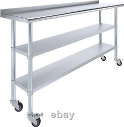 Stainless Steel Work Table with 1.5 Backsplash and 2 Shelves with Wheels