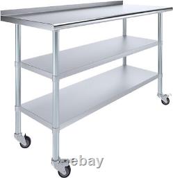 Stainless Steel Work Table with 1.5 Backsplash and 2 Shelves with Wheels