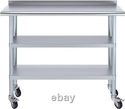 Stainless Steel Work Table with 1.5 Backsplash and 2 Shelves with Wheels