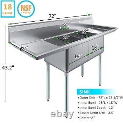 Two Bay Stainless Steel Commercial Kitchen Sink with Left and Right Drainboards