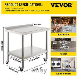VEVOR 30x24in Stainless Steel Kitchen Work Prep Table with Backsplash & Casters
