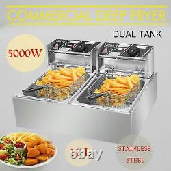 Zokop 5000W 12L Dual Tank Electric Deep Fryer Stainless Steel Commercial Basket